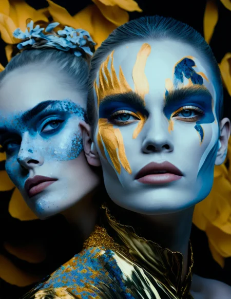 Face painting (Kabuki style) in blue and yellow — Fashion & Beauty editorial by Frank Wuich for VOUS Magazine