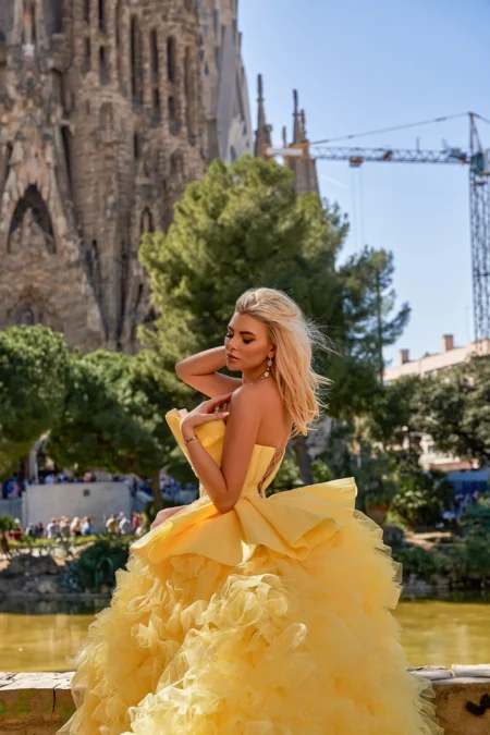 Sagrada Familia blinded by the yellow sun, Barcelona — Fashion & Beauty editorial by Svyatoslav Usmyal for VOUS Magazine